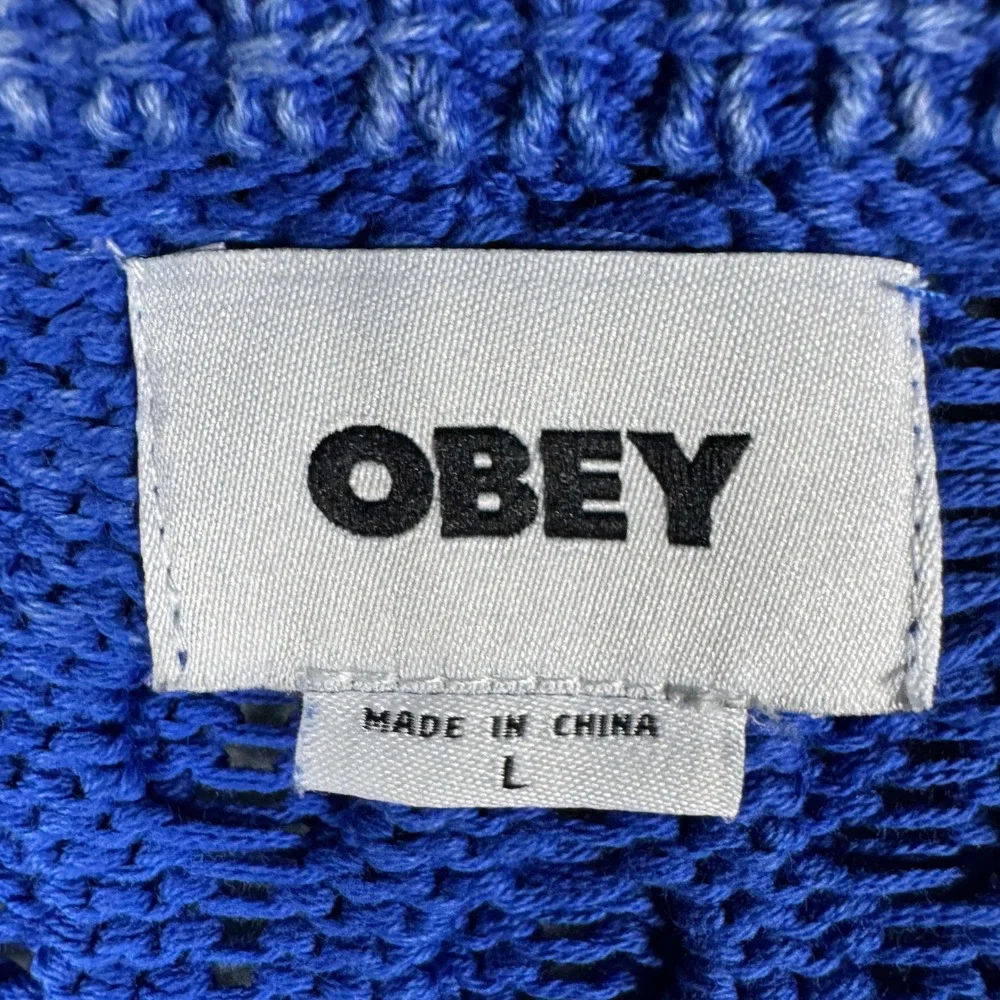 Obey Mens Blue Cable Knit Cotton Pullover Sweater Size Large Streetwear